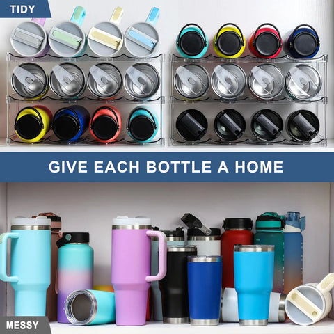 Kick That Bottle Jumble With This 3 Tier Stackable Water Bottle Organizer That Cradles 12 Big Tumblers And Fits Stanley Sizes Perfectly Clear Heavy Duty Rack For Counters Fridges Or Pantries with organized and messy bottle displays.