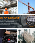 Collage of industrial applications featuring 140Pcs Key Stock Set, construction site, machinery, and bridge engineering.