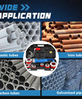 High Power 2300W Electric Pipe Threader With Six Dies For Galvanized Iron Pipe shown with plastic, iron, and carbon tubes.