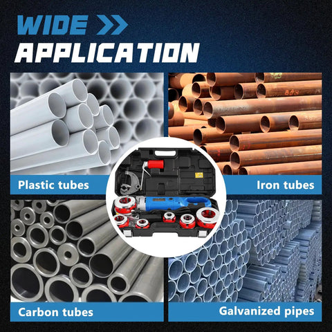 High Power 2300W Electric Pipe Threader With Six Dies For Galvanized Iron Pipe shown with plastic, iron, and carbon tubes.