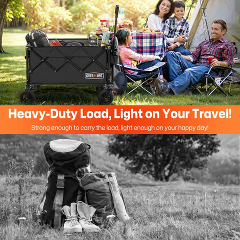Beast Ultra Compact Folding Wagon With All-Terrain Wheels For Beach Trips Grocery Runs Camping And Gardening Heavy Duty 360 Lb Load Capacity Portable Black Cart in use at campsite with family sitting nearby.