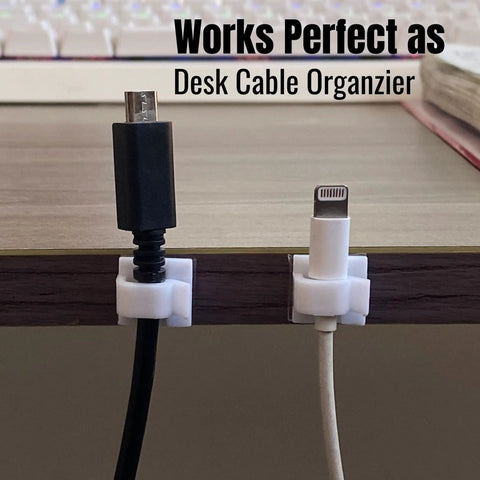 Sticky Cable Clips 30 Pack White Adhesive Wire Organizers holding cords on desk edge, durable plastic, easy mount