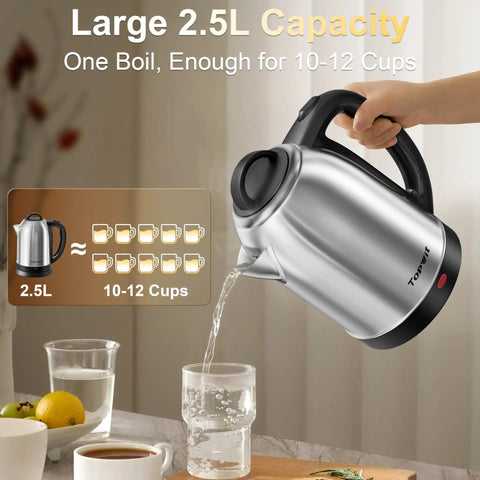 2.5L Large Electric Kettle With Stainless Steel Construction BPA Free Fast Boil Auto Shut Off Boil Dry Protection Ideal For Family Tea Coffee And Instant Meals, pouring hot water into a glass on a kitchen counter.