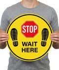 Five Pack Stop Here Floor Signs 18 Inch Round Vinyl Anti Slip High Visibility Stickers For Quick Queue Control And Social Distancing In Busy Places No Fuss, held sign