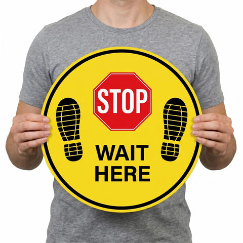 Five Pack Stop Here Floor Signs 18 Inch Round Vinyl Anti Slip High Visibility Stickers For Quick Queue Control And Social Distancing In Busy Places No Fuss, held sign