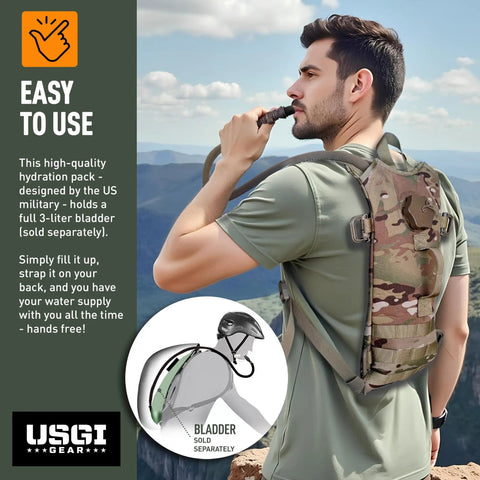 Multicam MOLLE Hydration Carrier for Tactical Backpacks Three Liter Water Bladder Compatible used in outdoor setting