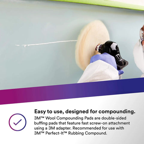 Person using Wool Compounding Pad 9 Inch Double Sided For Polishing Gelcoat Fiberglass Boats Cars Trucks And RVs Pro Grade Buffing Pad