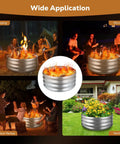 Collage showing 36 Inch Round Galvanized Fire Pit Ring For Backyards And Campsites, Heavy Duty Silver Fire Ring in various settings