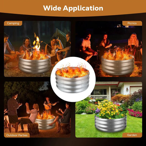 Collage showing 36 Inch Round Galvanized Fire Pit Ring For Backyards And Campsites, Heavy Duty Silver Fire Ring in various settings