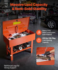Built Tough Heavy Duty Parts Washer With 40 Gallon Steel Bath And One Gallon Per Minute Electric Pump For Auto Mechanics Engine Gear Carburetor No Fuss Workshop Cleanup Rig with opened lid and cleaning components.