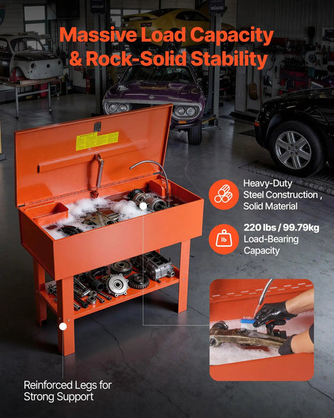 Built Tough Heavy Duty Parts Washer With 40 Gallon Steel Bath And One Gallon Per Minute Electric Pump For Auto Mechanics Engine Gear Carburetor No Fuss Workshop Cleanup Rig with opened lid and cleaning components.