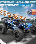 One Fourteen Scale All Terrain RC Car 4WD Off Road Truck with High Speed Up to 40 Km Hr, shown with RC390 motor and blue design.