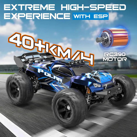 One Fourteen Scale All Terrain RC Car 4WD Off Road Truck with High Speed Up to 40 Km Hr, shown with RC390 motor and blue design.