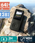 64GB MP3 Player With Bluetooth 5.3 And Built-In Speaker, physical buttons, shown on a rock with storage features highlighted