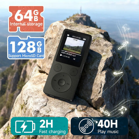 64GB MP3 Player With Bluetooth 5.3 And Built-In Speaker, physical buttons, shown on a rock with storage features highlighted