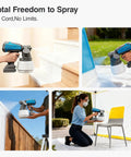 Hands using Heavy Duty Cordless Paint Sprayer Slick Smooth Operator for DIY projects on stairs, showcasing its cordless ease.