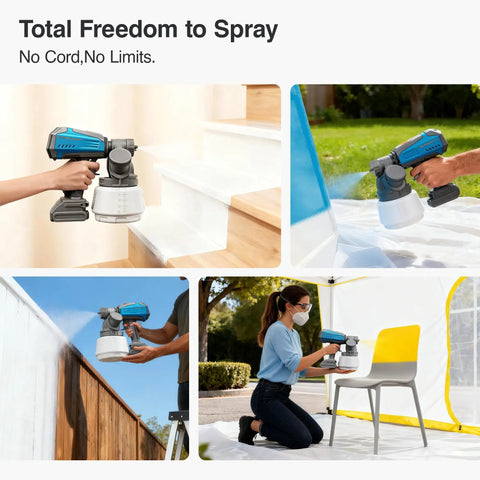 Hands using Heavy Duty Cordless Paint Sprayer Slick Smooth Operator for DIY projects on stairs, showcasing its cordless ease.