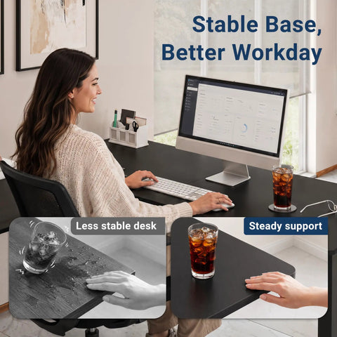 Boss Level L Shaped Electric Standing Desk With Smooth Glide Motors And Three Memory Presets For A Sick Gaming Station Or Remote Work Hub In Sleek Black Finish, woman working with stable support.