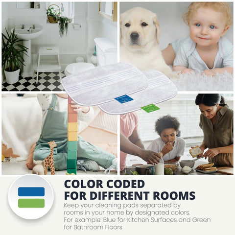 Three Ply Microfiber Floor Pad Replacement Refill For Steam Mops M2R And M4S displayed with room setting suggestions.