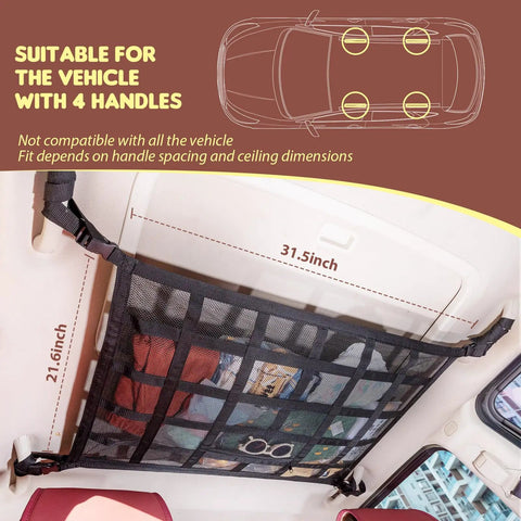 Upgrade Car Ceiling Cargo Net Pocket 31.5x21.6 installed in vehicle with four handles showing mesh storage with items inside.