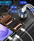 Close-up of 98W Usb C Car Charger Straight Up Crushes Fast Charging Needs With Four Ports, charging device with cables in vehicle.