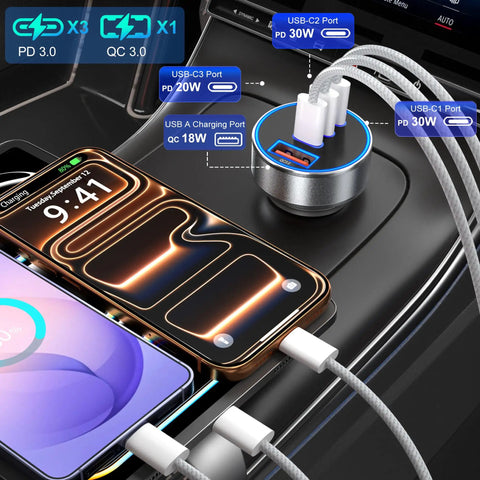 Close-up of 98W Usb C Car Charger Straight Up Crushes Fast Charging Needs With Four Ports, charging device with cables in vehicle.