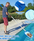 3 Piece Pool Cleaning Kit With Skimmer Net And Long Reach 47 Inch Aluminum Pole Plus Debris Brush For Above Ground And Inground Pools Ponds Spas Hot Tubs Easy Clean fine mesh net catching leaves by pool
