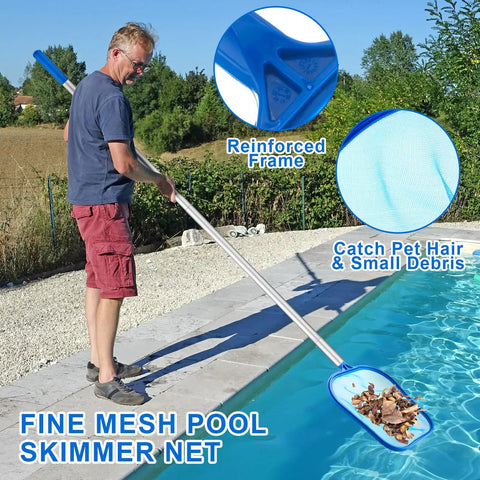 3 Piece Pool Cleaning Kit With Skimmer Net And Long Reach 47 Inch Aluminum Pole Plus Debris Brush For Above Ground And Inground Pools Ponds Spas Hot Tubs Easy Clean fine mesh net catching leaves by pool