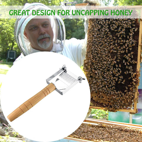 Beekeeper using Adjustable Honey Uncapping Fork with Stainless Steel Blade and Wooden Handle for efficient comb scraping