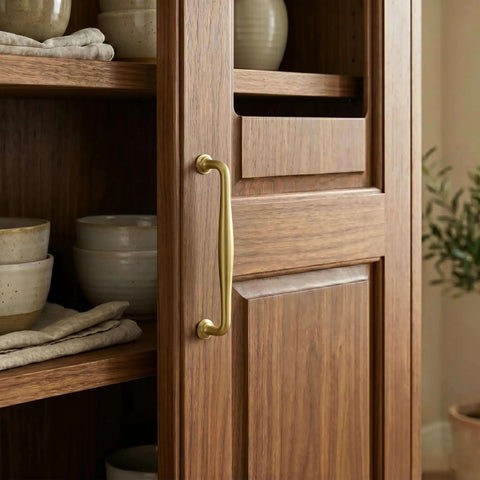 Brushed Gold Cabinet Pulls 5 Inch Hole Center 6 Pack Zinc Alloy Handles on wooden kitchen cabinet door