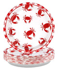 Heavy Duty 50 Pack Crab Boil Paper Plates 9 Inch Round Disposable Dinnerware stacked with red crab designs for seafood cookouts.