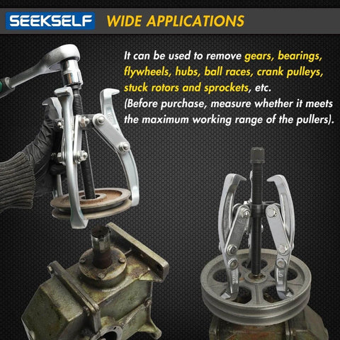 Heavy Duty Gear Puller Set With 2 Jaw And 3 Jaw Options, Ratchet Wrench And Sockets, Reversible Jaw For Internal And External Flywheel, Pulley, Bearing And Rotor Removal, Sizes 3 Inch 4 Inch 6 Inch And 8 Inch, CrV Steel Construction in use on machinery
