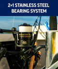 Wrath II Saltwater Spinning Reel 3000 Size with Reversible Right or Left Handle displayed on fishing boat.