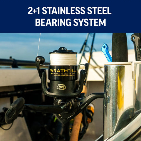 Wrath II Saltwater Spinning Reel 3000 Size with Reversible Right or Left Handle displayed on fishing boat.