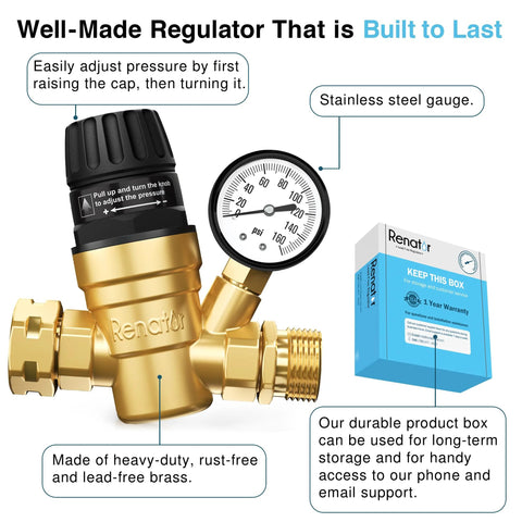 Renator RV brass water pressure regulator with gauge and adjustable knob for camper; front view.