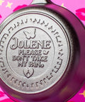 Jolene Inspired Dolly Parton Cast Iron Skillet Collectible Frying Pan With Signature Design displayed on a pink background