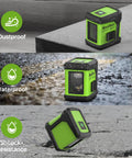 Green self leveling laser level with tripod, dustproof, waterproof, shock-resistant, 100ft range, for indoor renovation projects.