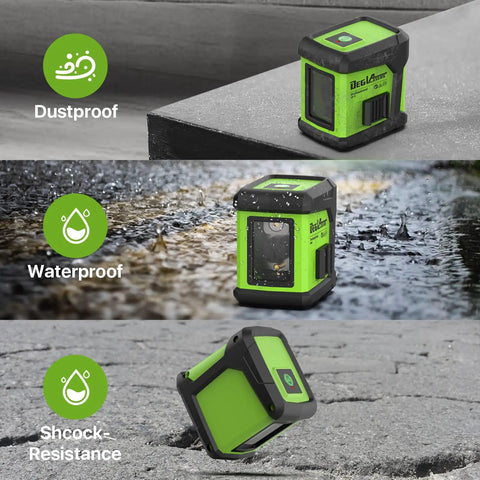 Green self leveling laser level with tripod, dustproof, waterproof, shock-resistant, 100ft range, for indoor renovation projects.