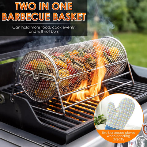 2 In 1 Rolling Grill Basket With Rotating Stand And Hooks Heavy Duty Stainless Steel Rotatable BBQ Mesh Cylinder on grill