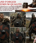 Viking warriors with hand forged iron shield boss umbo for close combat grade medieval shield mount, 8-inch, 14 gauge.
