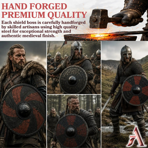 Viking warriors with hand forged iron shield boss umbo for close combat grade medieval shield mount, 8-inch, 14 gauge.