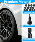 All In One Wheel Bolt Cleaning Kit With Fifteen Treatment Pads A Special Drill Bit And A Half Inch Impact Wrench Adapter components displayed.