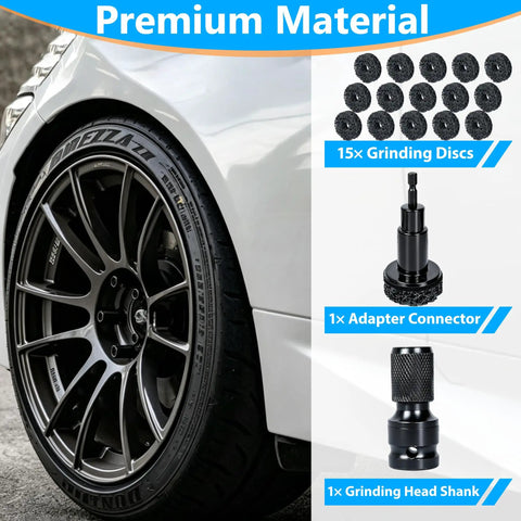 All In One Wheel Bolt Cleaning Kit With Fifteen Treatment Pads A Special Drill Bit And A Half Inch Impact Wrench Adapter components displayed.