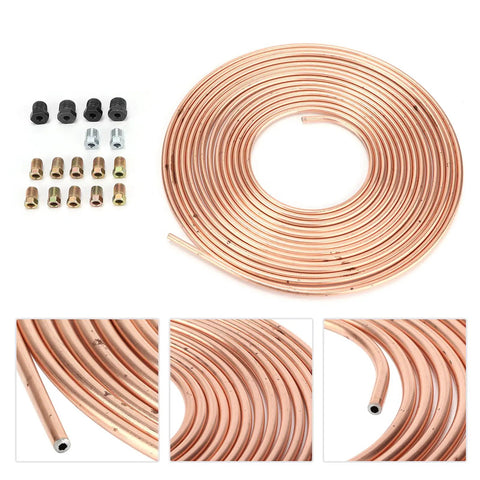 25ft Copper Plated Brake Line Tubing 3 16 Inch OD With Fittings For Cars And Trucks, gold finish coil with fittings