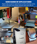LED flexible gooseneck work lamp with magnetic mount for drill press/workbench, shown among a collage of workshop tools.