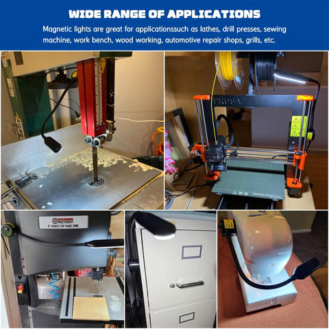 LED flexible gooseneck work lamp with magnetic mount for drill press/workbench, shown among a collage of workshop tools.