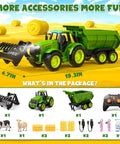 Awesome Realistic RC Farm Tractor Toy With Front Loader And Trailer, Lights And Music shown with included accessories and dimensions.