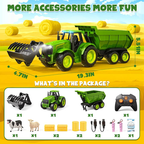 Awesome Realistic RC Farm Tractor Toy With Front Loader And Trailer, Lights And Music shown with included accessories and dimensions.