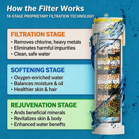 Diagram of 18-layer filtration benefits on high pressure filtered shower head with handheld and 4 replacement filters for hard water