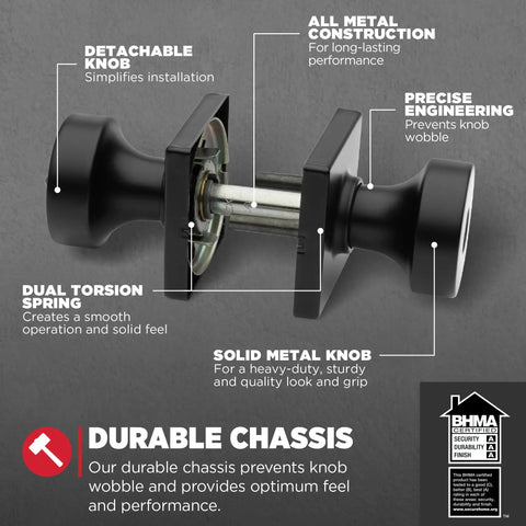 Side view of Keyed Entry Door Knob With Lock And Key For Exterior Front Door Matte Black Finish Secure SmartKey Rekey Security